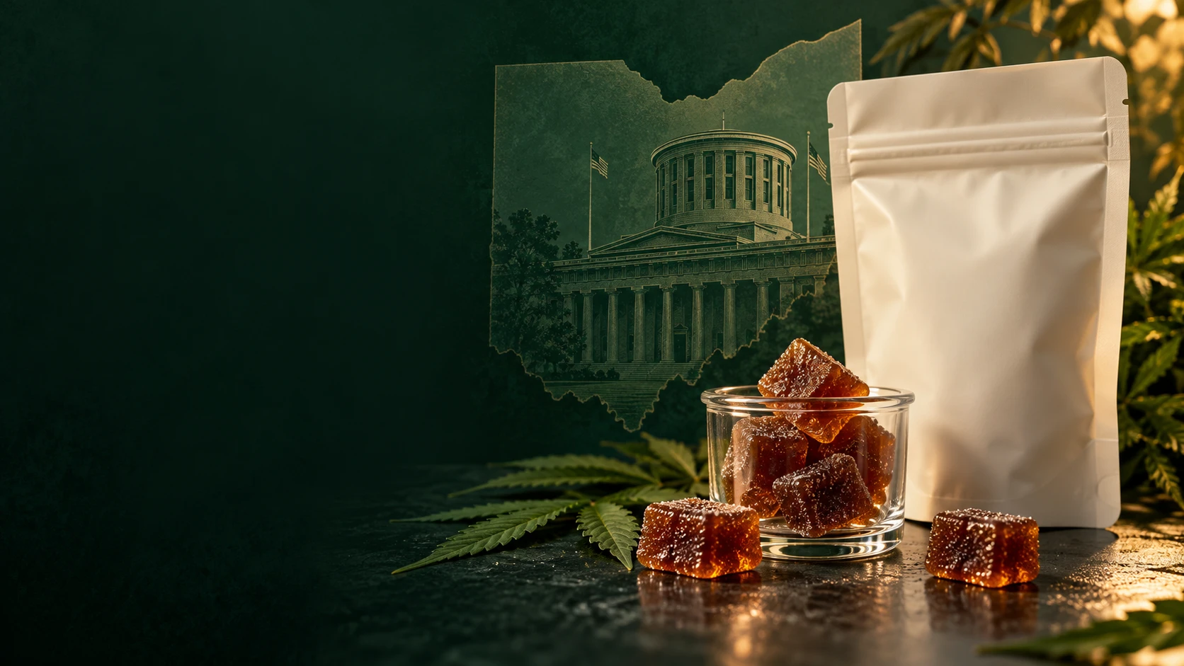 Original OCL editorial illustration of plain cannabis packaging and gummies against an Ohio backdrop