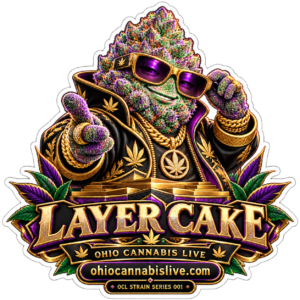 Layer Cake collectible digital sticker with Ohio Cannabis Live branding and ohiocannabislive.com