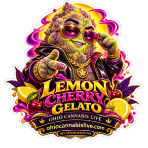 Lemon Cherry Gelato collectible digital sticker with Ohio Cannabis Live branding and ohiocannabislive.com
