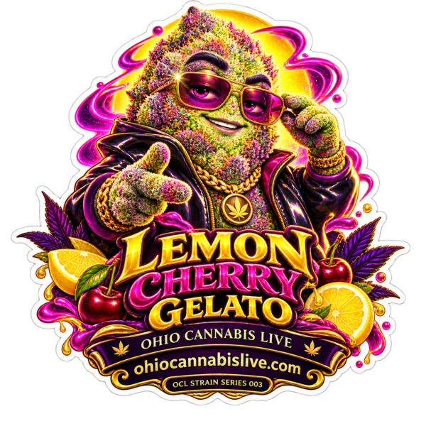 Lemon Cherry Gelato collectible digital sticker with Ohio Cannabis Live branding and ohiocannabislive.com